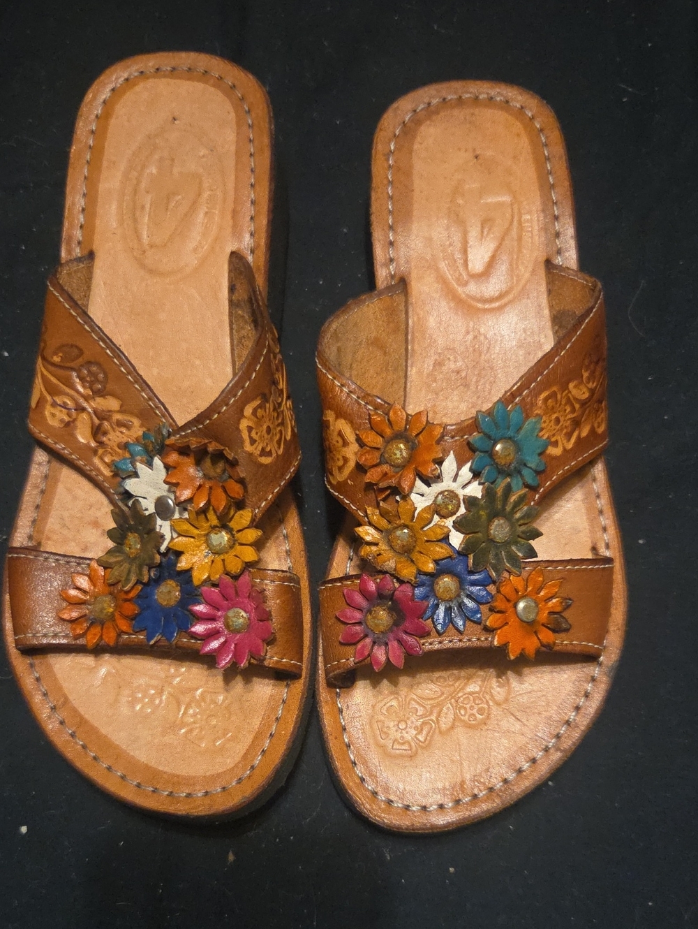 Leather Floral Slide Sandals - Multicolor